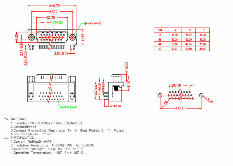Pcb Mounted VGA Connector DB26 DR26 HDR26 Male socket Plug 26P triplex row bend legs 90 degree Black image 2